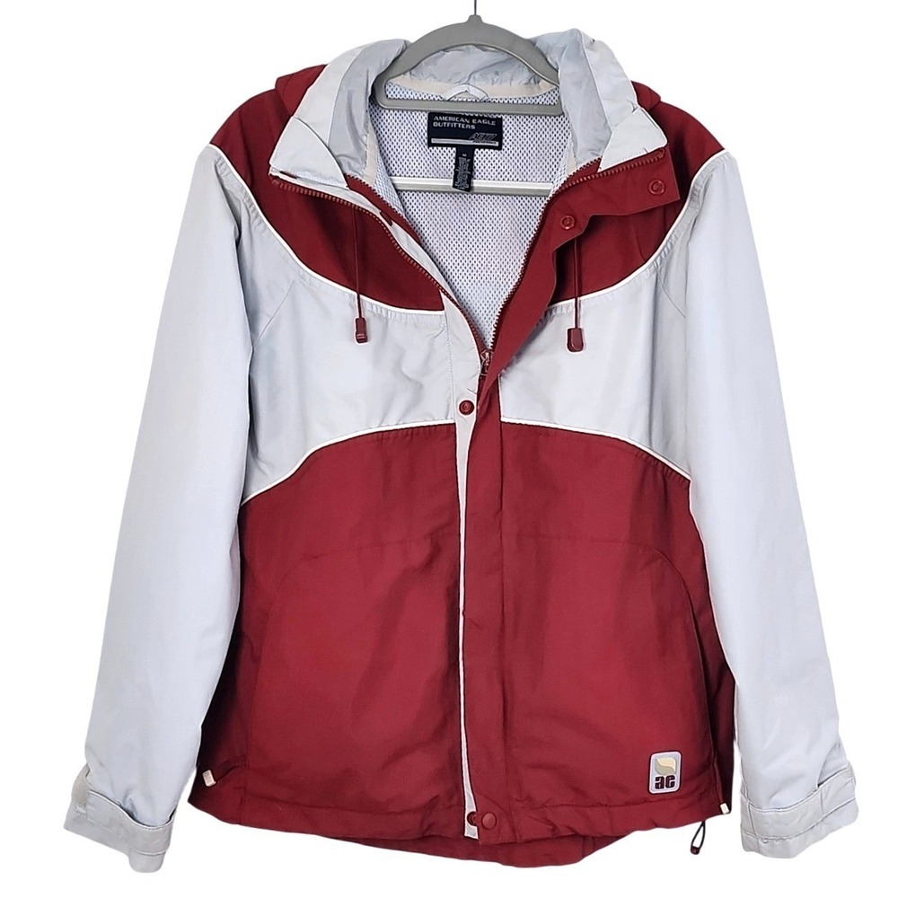 American Eagle AE77 Performance Red Gray Colorblock Hooded‎ Windbreaker Jacket M